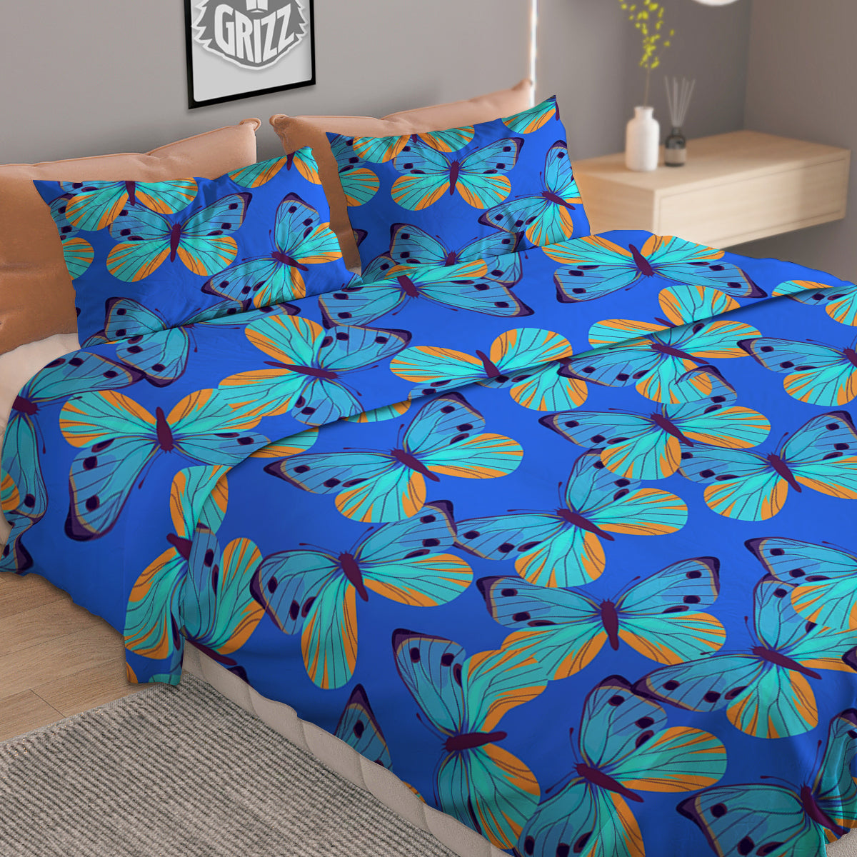 Butterfly Blue Watercolor Print Pattern Duvet Cover Bedding Set