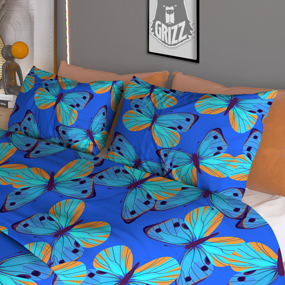 Butterfly Blue Watercolor Print Pattern Duvet Cover Bedding Set