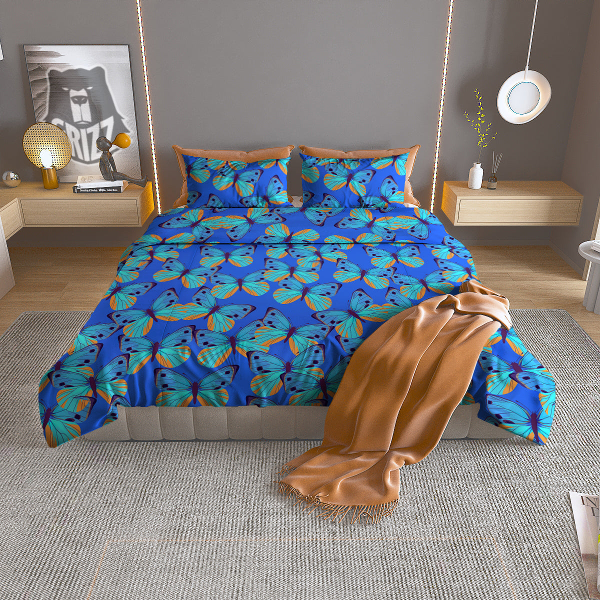 Butterfly Blue Watercolor Print Pattern Duvet Cover Bedding Set
