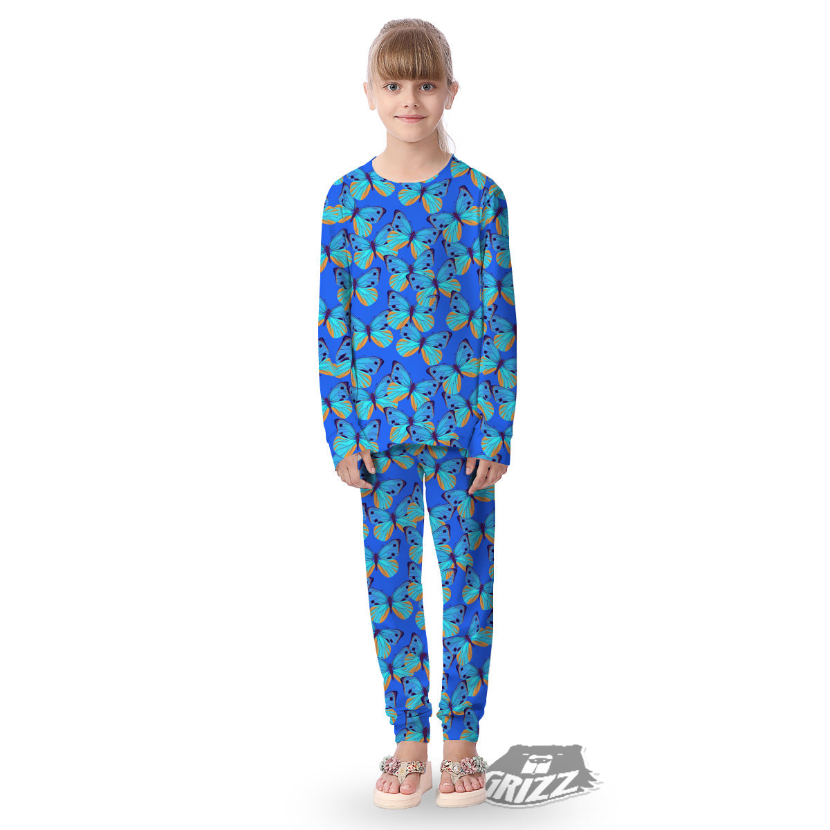 Butterfly Blue Watercolor Print Pattern Kid's Pajamas-grizzshop