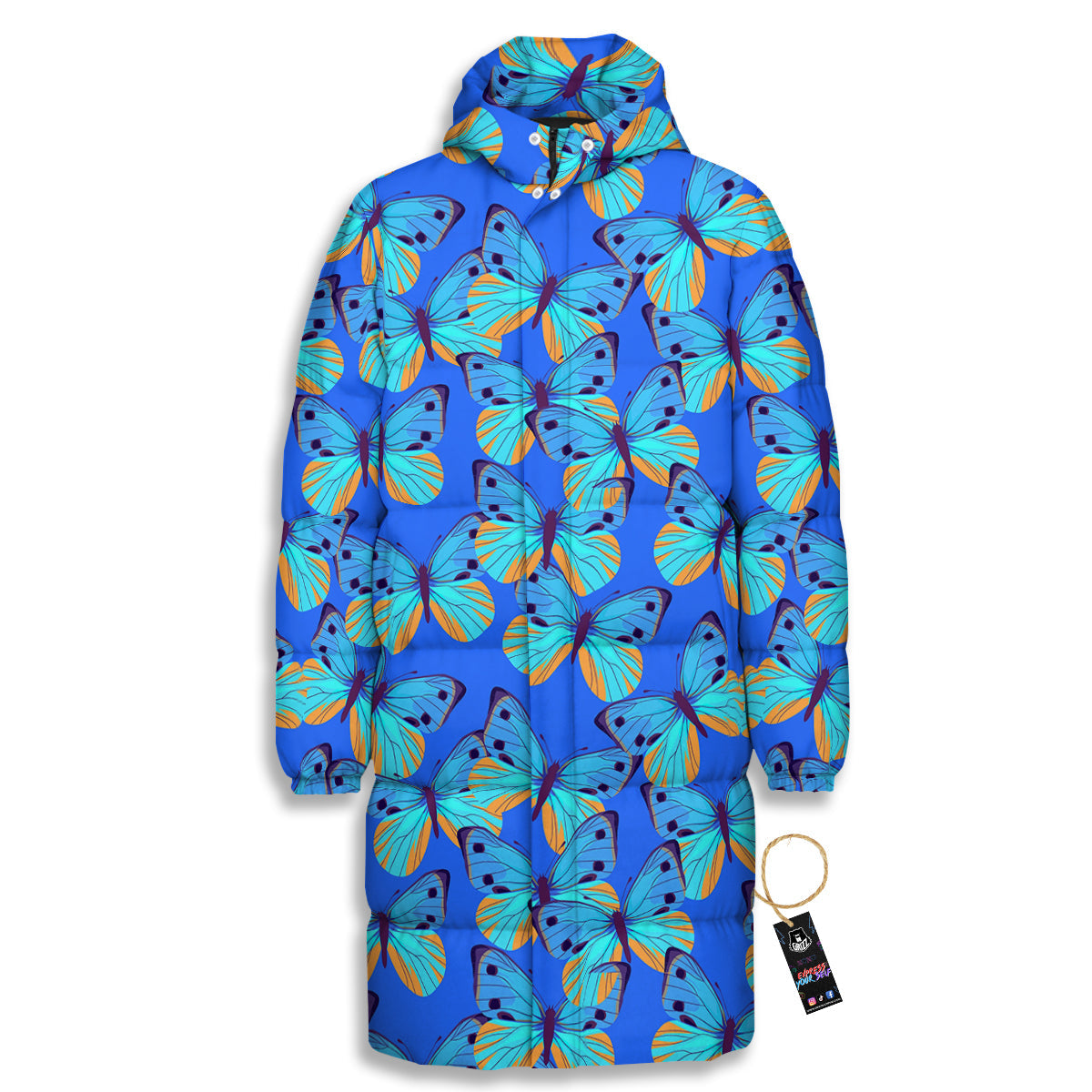Butterfly Blue Watercolor Print Pattern Long Down Jacket-grizzshop