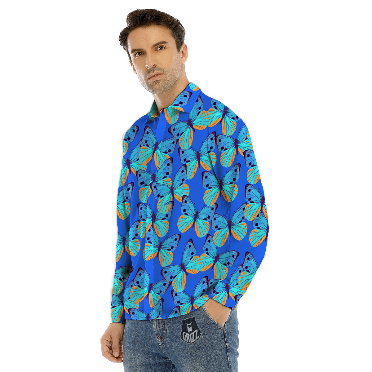 Butterfly Blue Watercolor Print Pattern Men's Dress Shirts-grizzshop