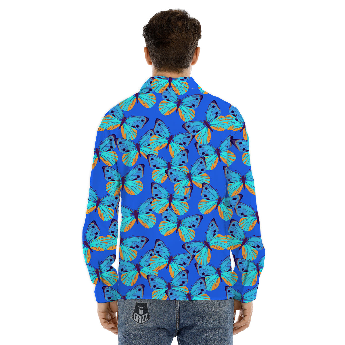 Butterfly Blue Watercolor Print Pattern Men's Dress Shirts-grizzshop