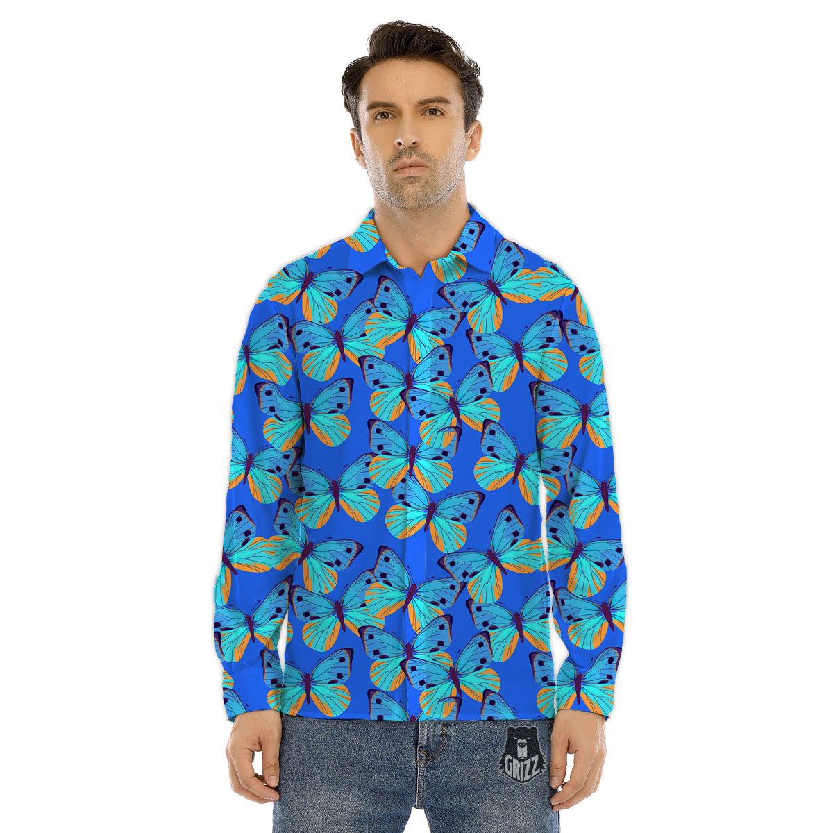 Butterfly Blue Watercolor Print Pattern Men's Dress Shirts-grizzshop