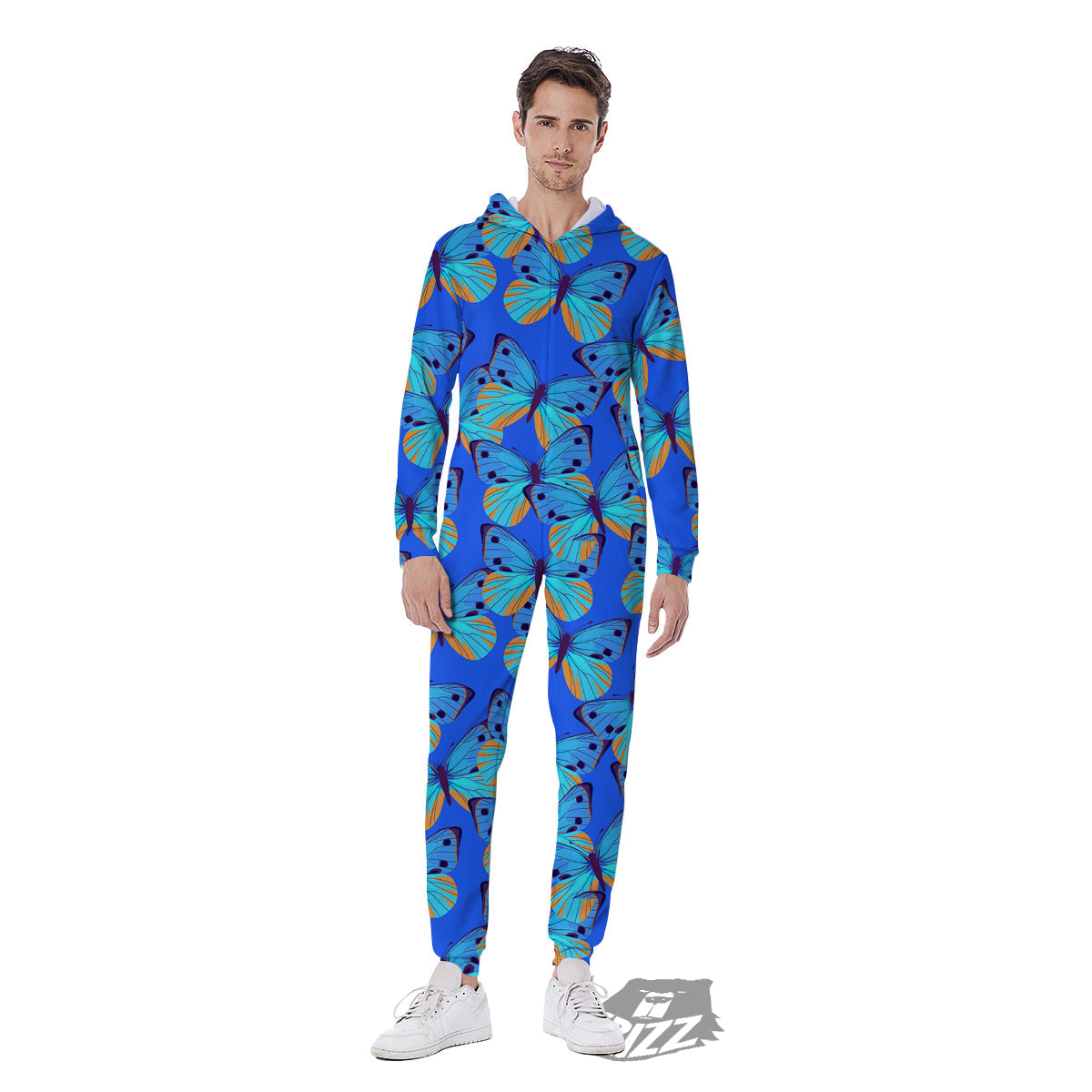 Butterfly Blue Watercolor Print Pattern Men's Jumpsuit-grizzshop