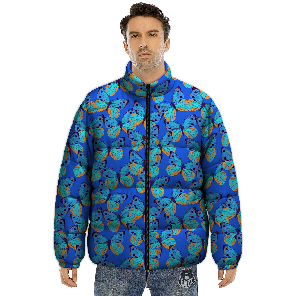 Butterfly Blue Watercolor Print Pattern Puffer Jacket-grizzshop
