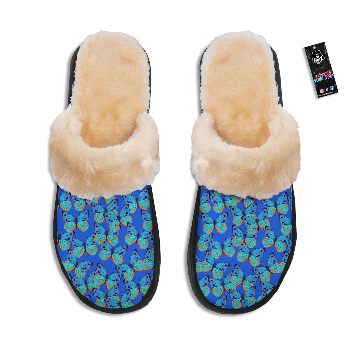 Butterfly Blue Watercolor Print Pattern Slippers-grizzshop