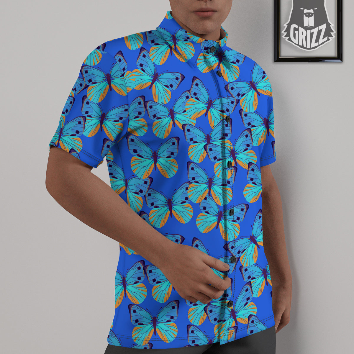 Butterfly Blue Watercolor Print Pattern Untucked Shirts-grizzshop