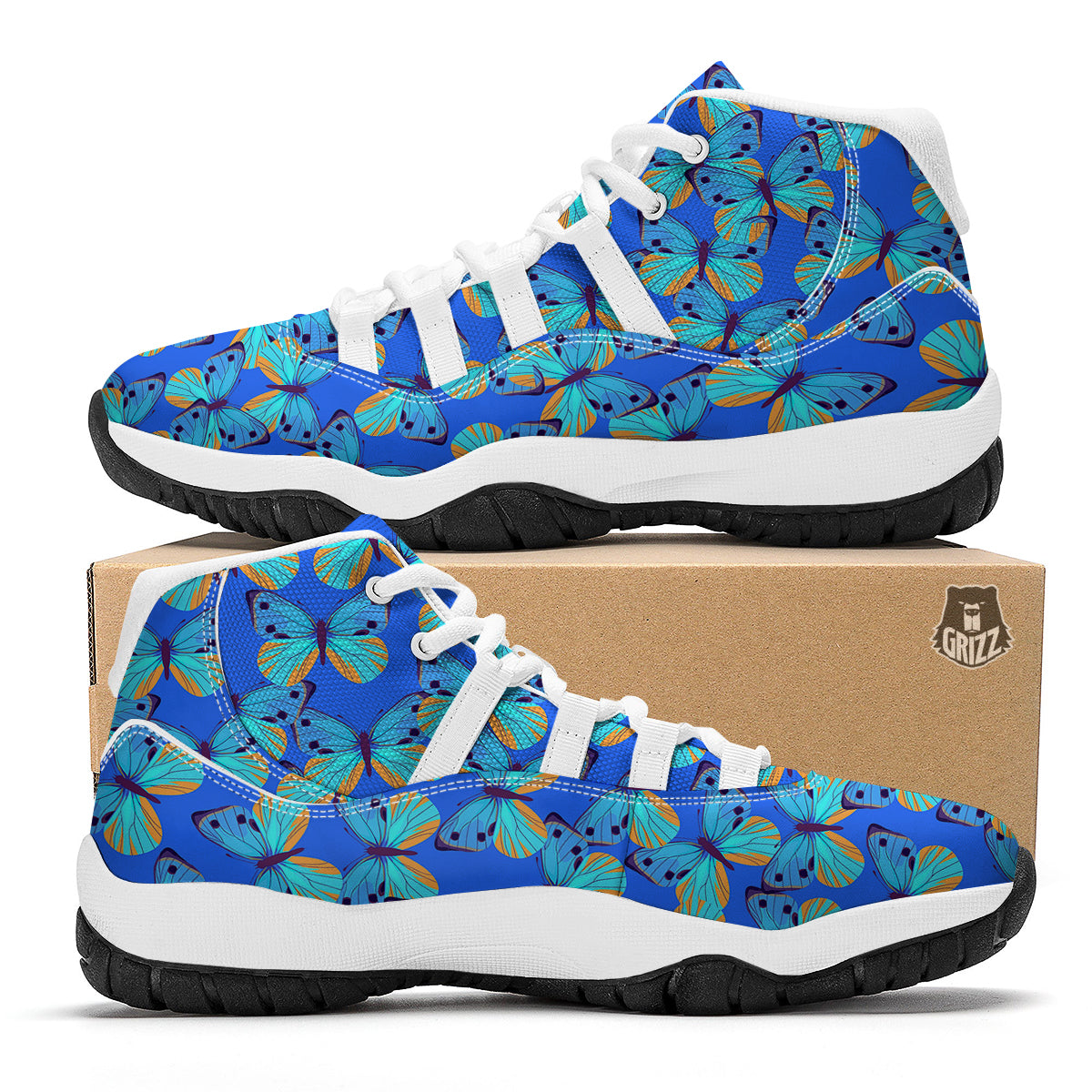 Butterfly Blue Watercolor Print Pattern White Bball Shoes-grizzshop