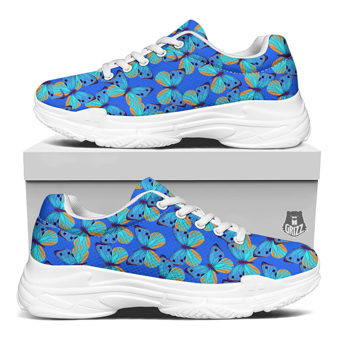 Butterfly Blue Watercolor Print Pattern White Chunky Shoes-grizzshop