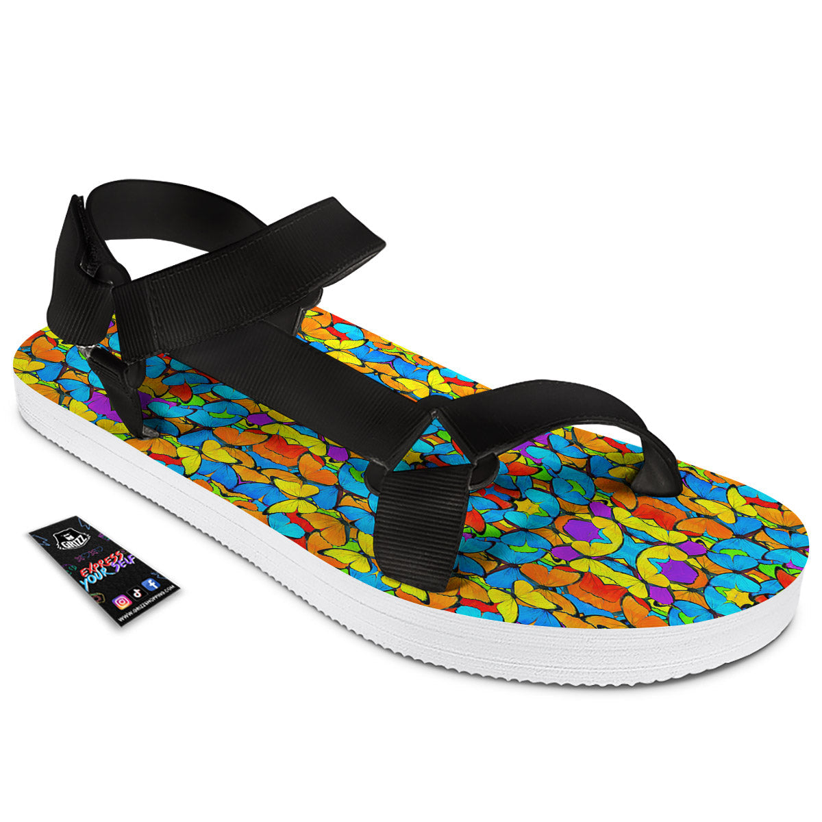 Butterfly Colorful Print Pattern Black Open Toe Sandals-grizzshop
