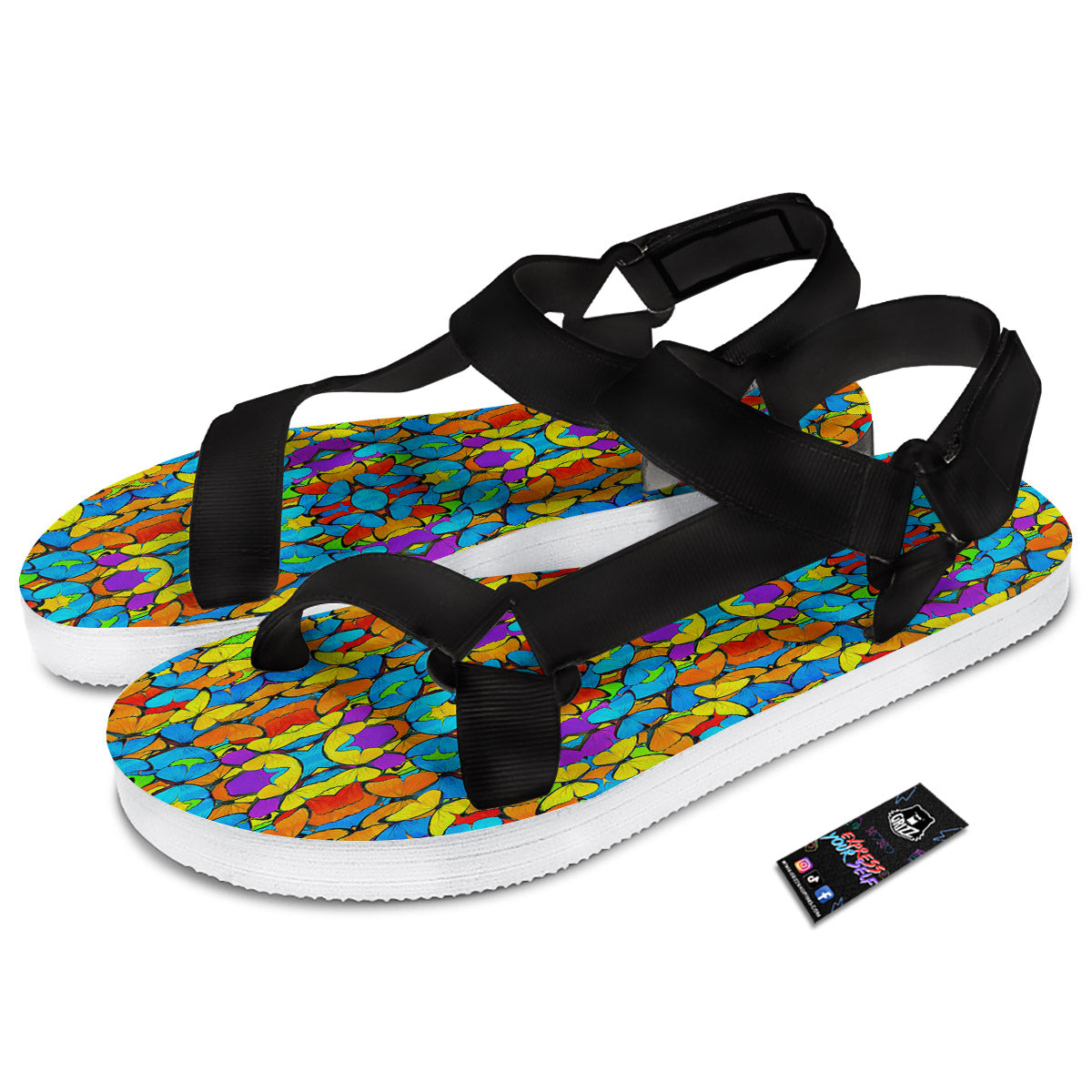 Butterfly Colorful Print Pattern Black Open Toe Sandals-grizzshop