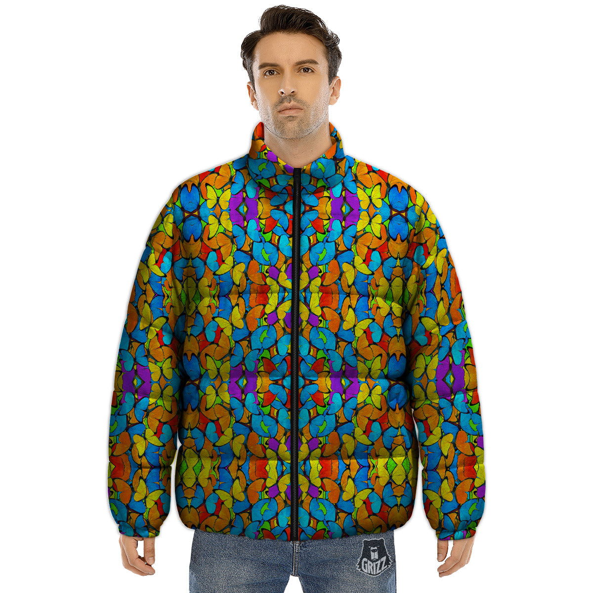 Butterfly Colorful Print Pattern Puffer Jacket-grizzshop