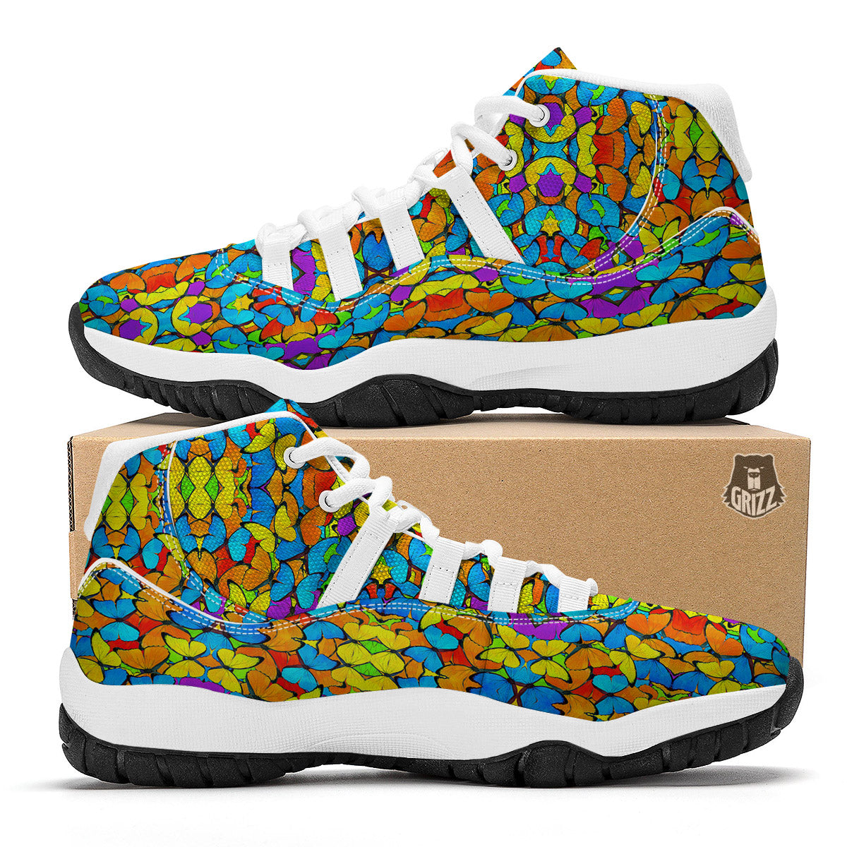 Butterfly Colorful Print Pattern White Bball Shoes-grizzshop