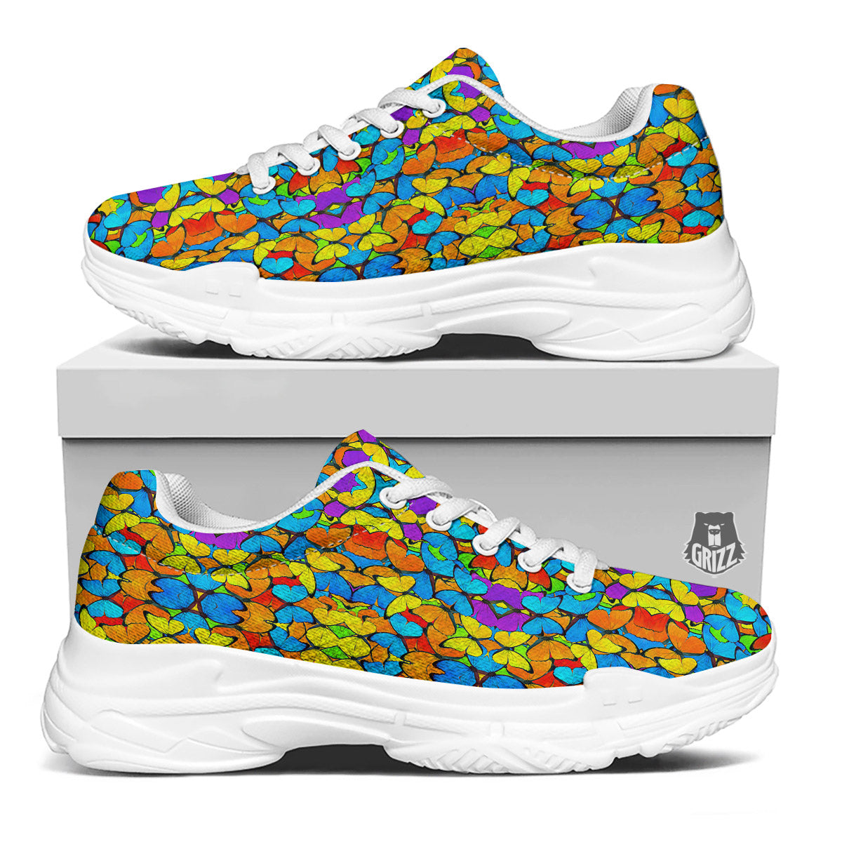 Butterfly Colorful Print Pattern White Chunky Shoes-grizzshop