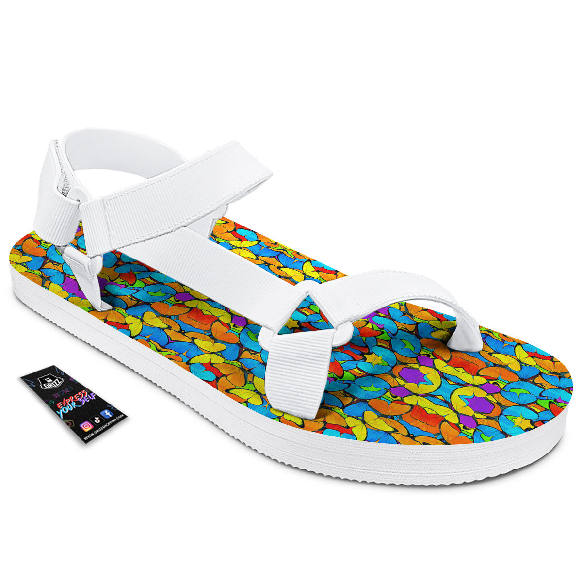 Butterfly Colorful Print Pattern White Open Toe Sandals-grizzshop