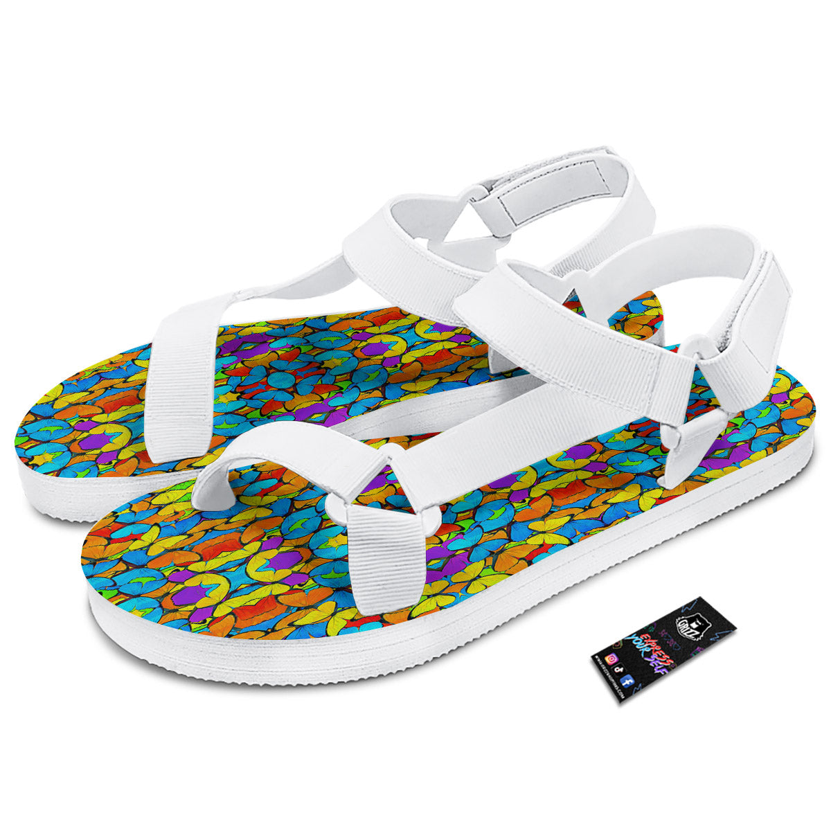 Butterfly Colorful Print Pattern White Open Toe Sandals-grizzshop