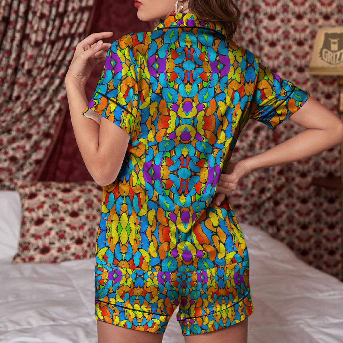 Butterfly Colorful Print Pattern Women Silk Pajamas-grizzshop