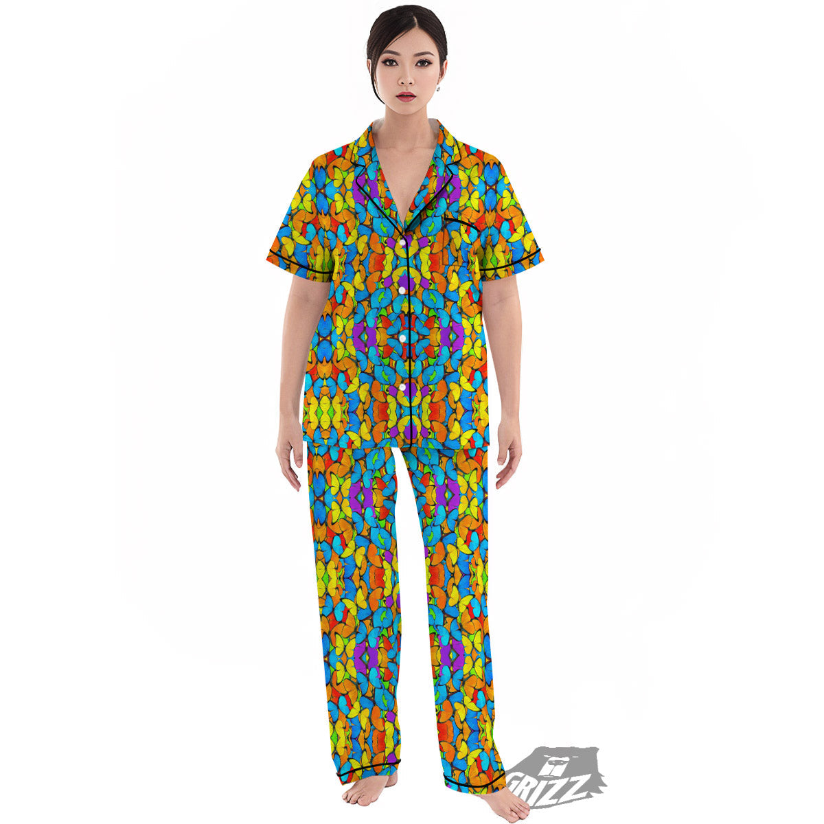 Butterfly Colorful Print Pattern Women's Pajamas Set-grizzshop