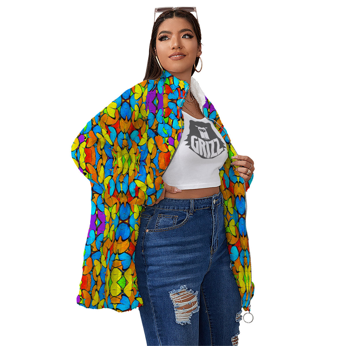 Butterfly Colorful Print Pattern Women's Sherpa Jacket-grizzshop