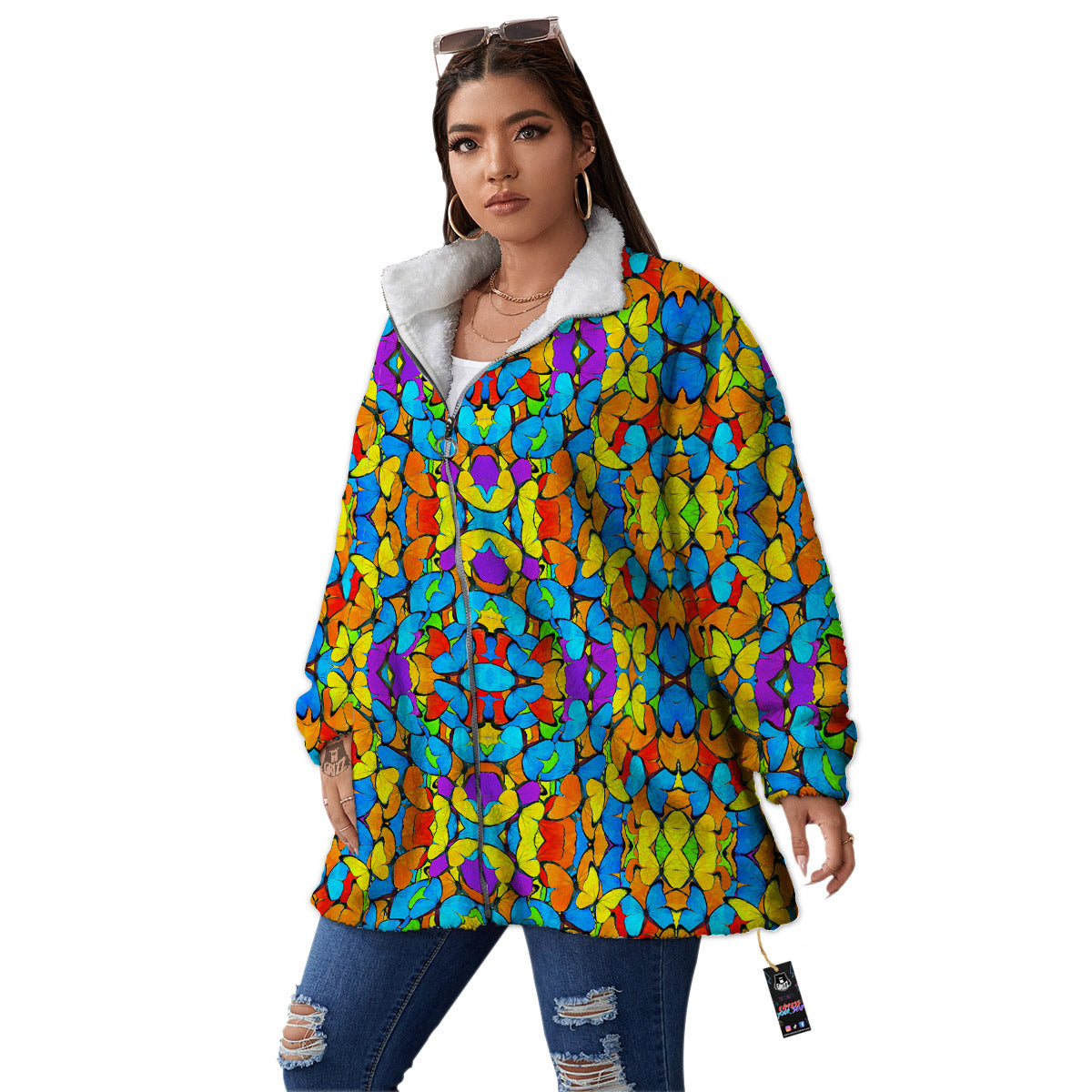 Butterfly Colorful Print Pattern Women's Sherpa Jacket-grizzshop