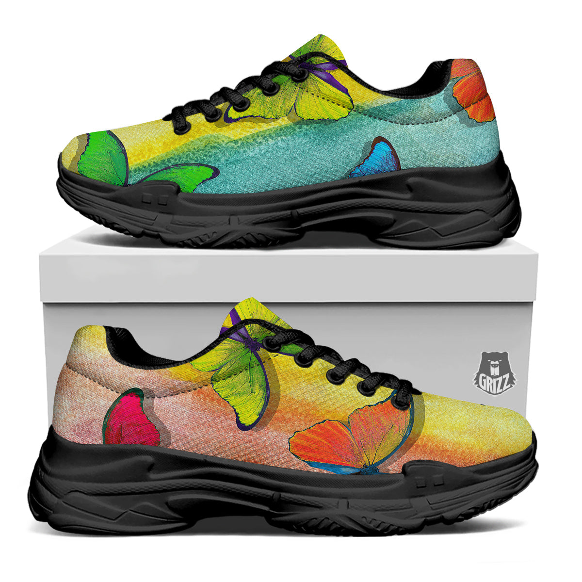 Butterfly Colorful Watercolor Print Black Chunky Shoes-grizzshop