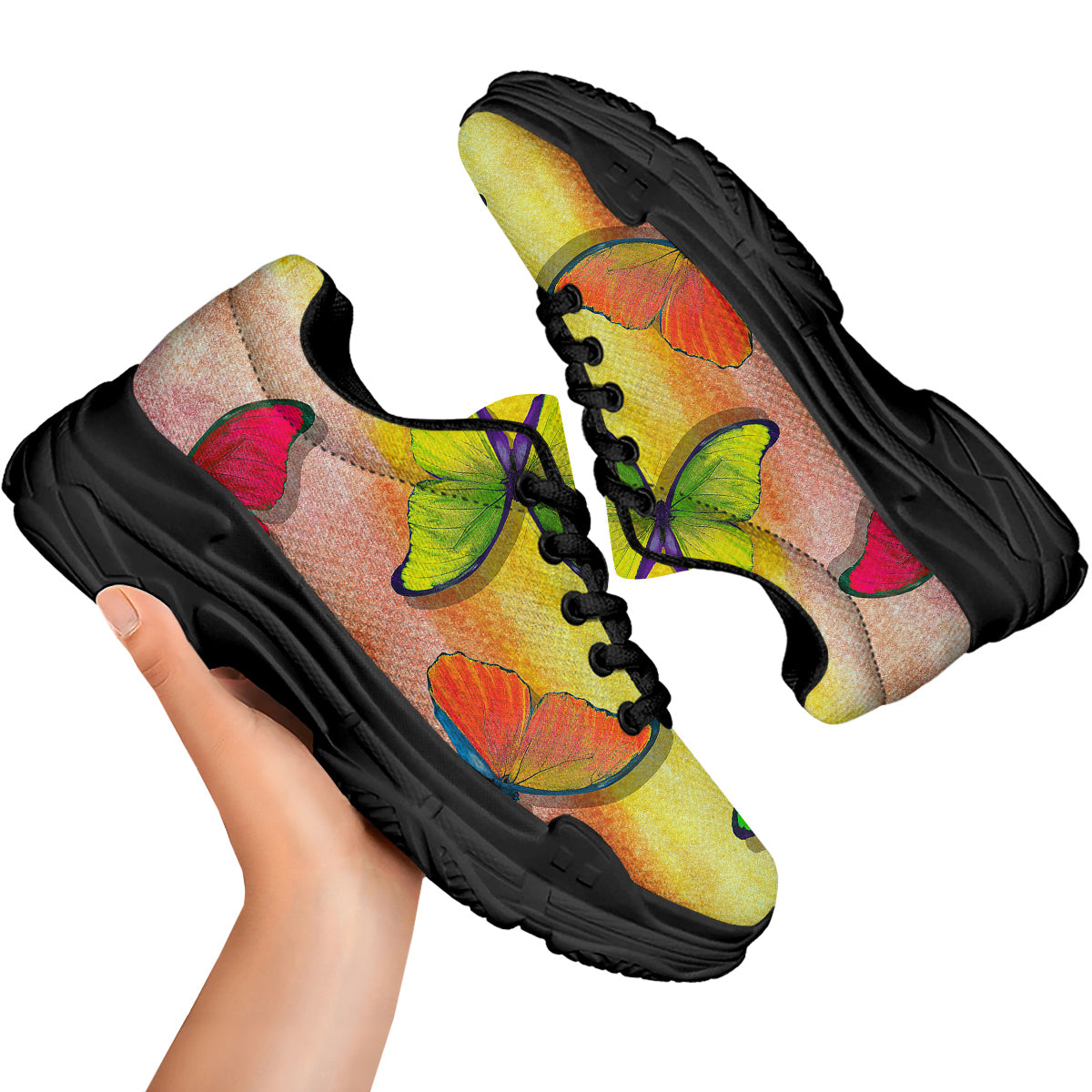 Butterfly Colorful Watercolor Print Black Chunky Shoes-grizzshop