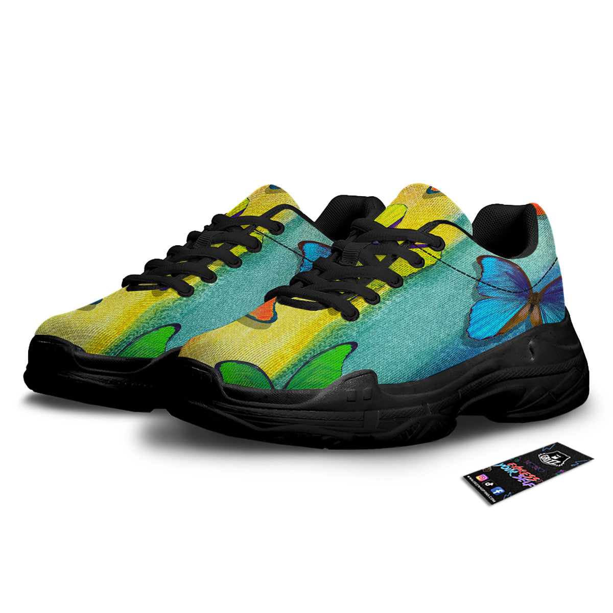 Butterfly Colorful Watercolor Print Black Chunky Shoes-grizzshop