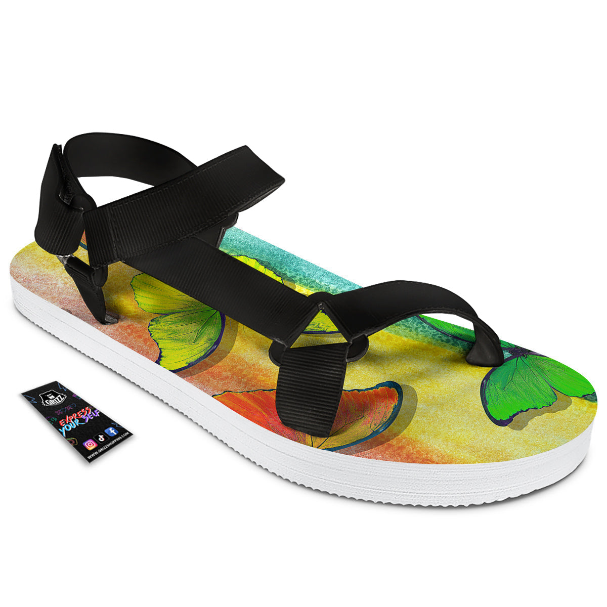 Butterfly Colorful Watercolor Print Black Open Toe Sandals-grizzshop