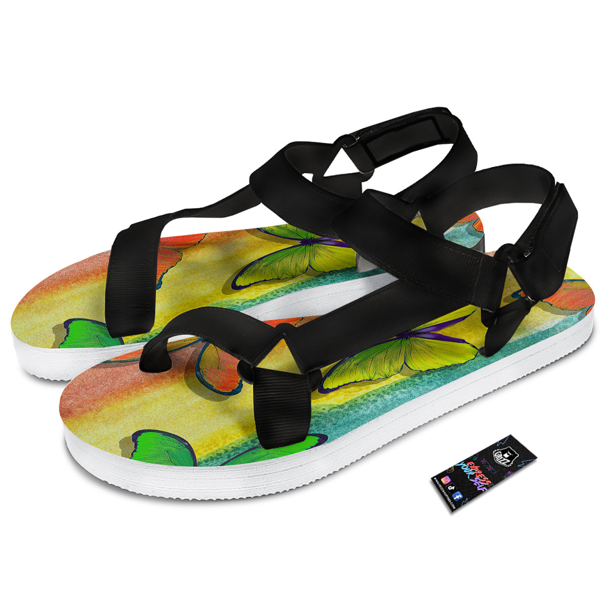 Butterfly Colorful Watercolor Print Black Open Toe Sandals-grizzshop