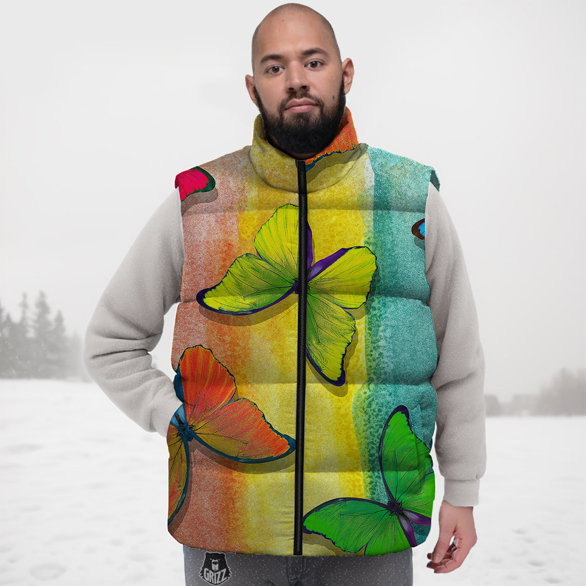 Butterfly Colorful Watercolor Print Down Vest
