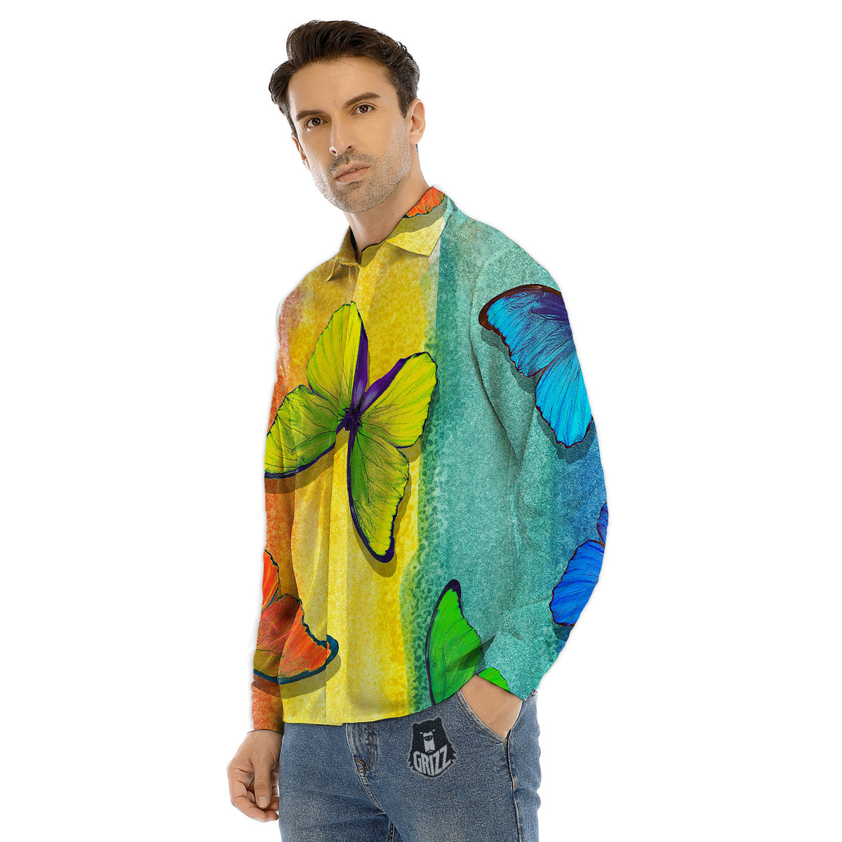 Butterfly Colorful Watercolor Print Men's Dress Shirts-grizzshop