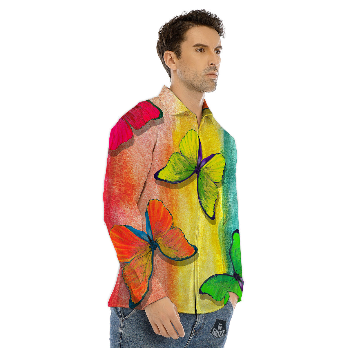 Butterfly Colorful Watercolor Print Men's Dress Shirts-grizzshop