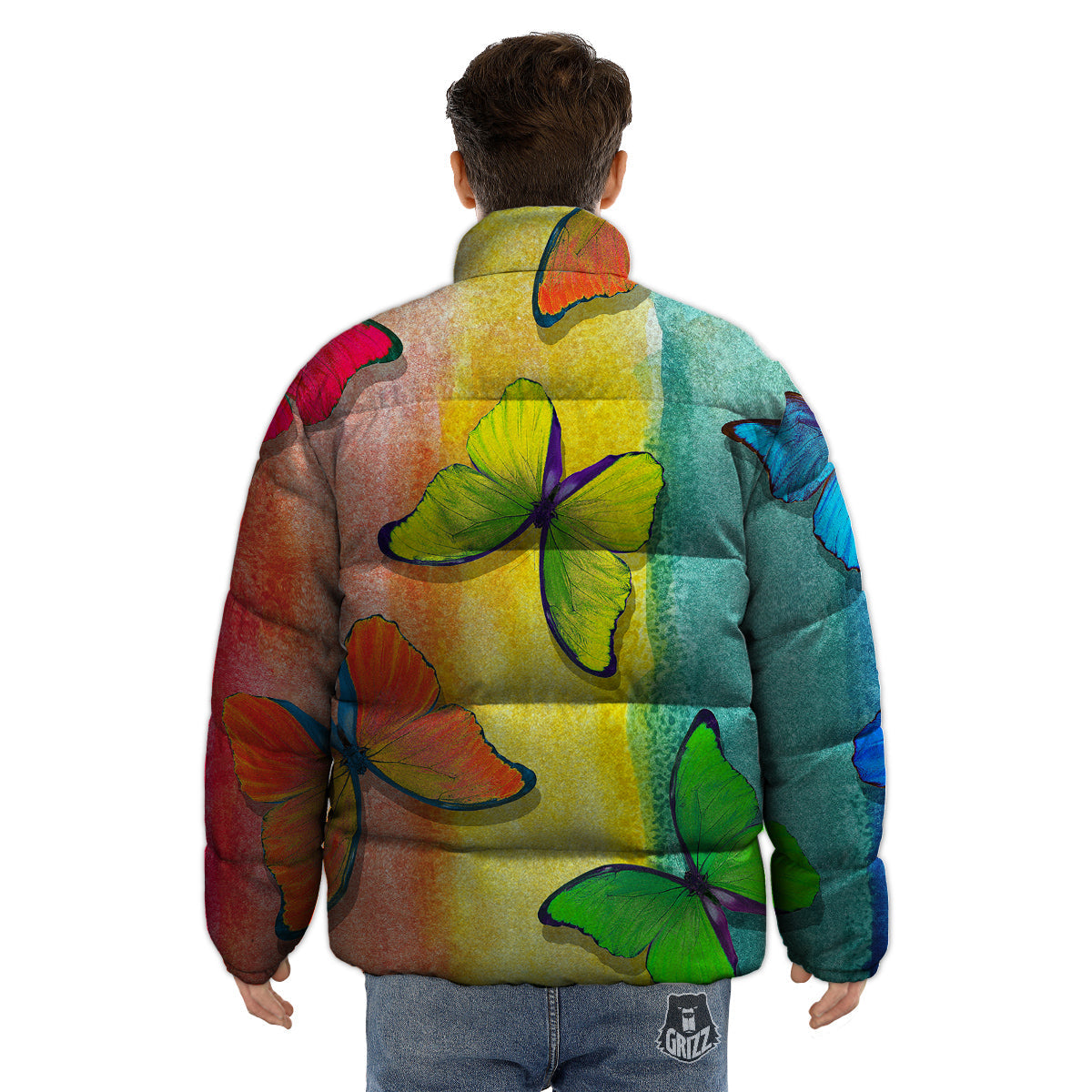 Butterfly Colorful Watercolor Print Puffer Jacket-grizzshop