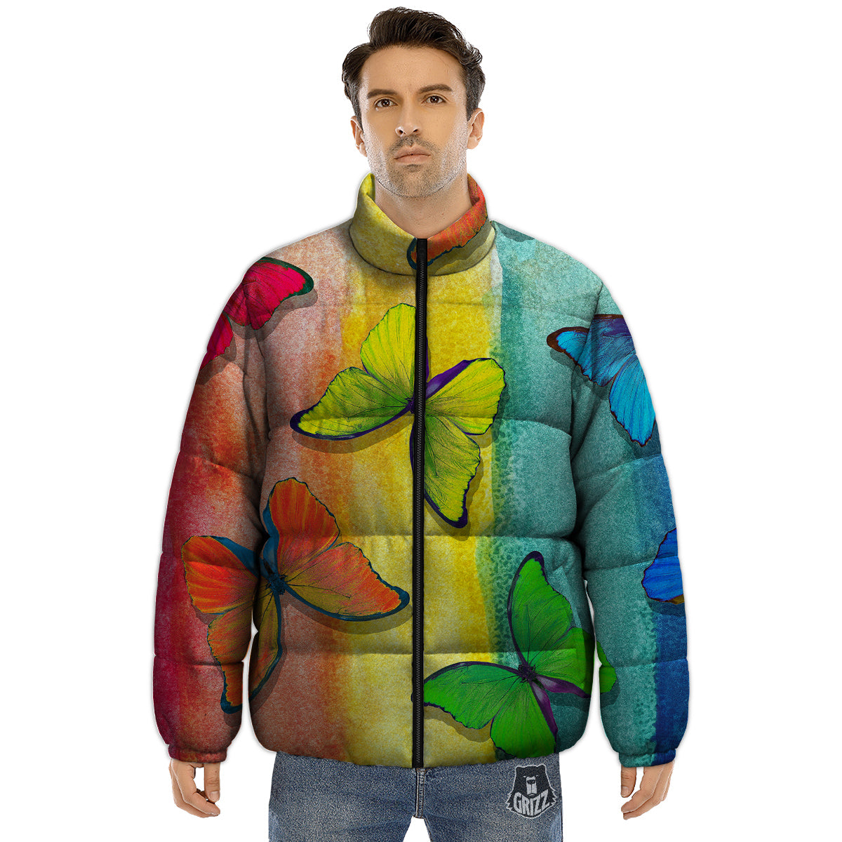 Butterfly Colorful Watercolor Print Puffer Jacket-grizzshop