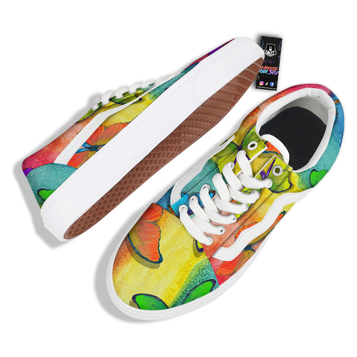 Butterfly Colorful Watercolor Print Skate Shoes-grizzshop