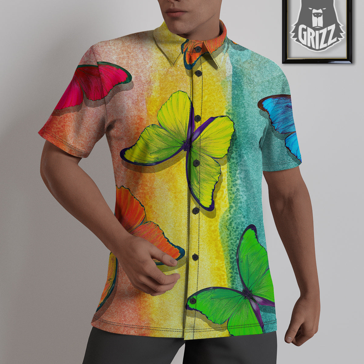 Butterfly Colorful Watercolor Print Untucked Shirts-grizzshop