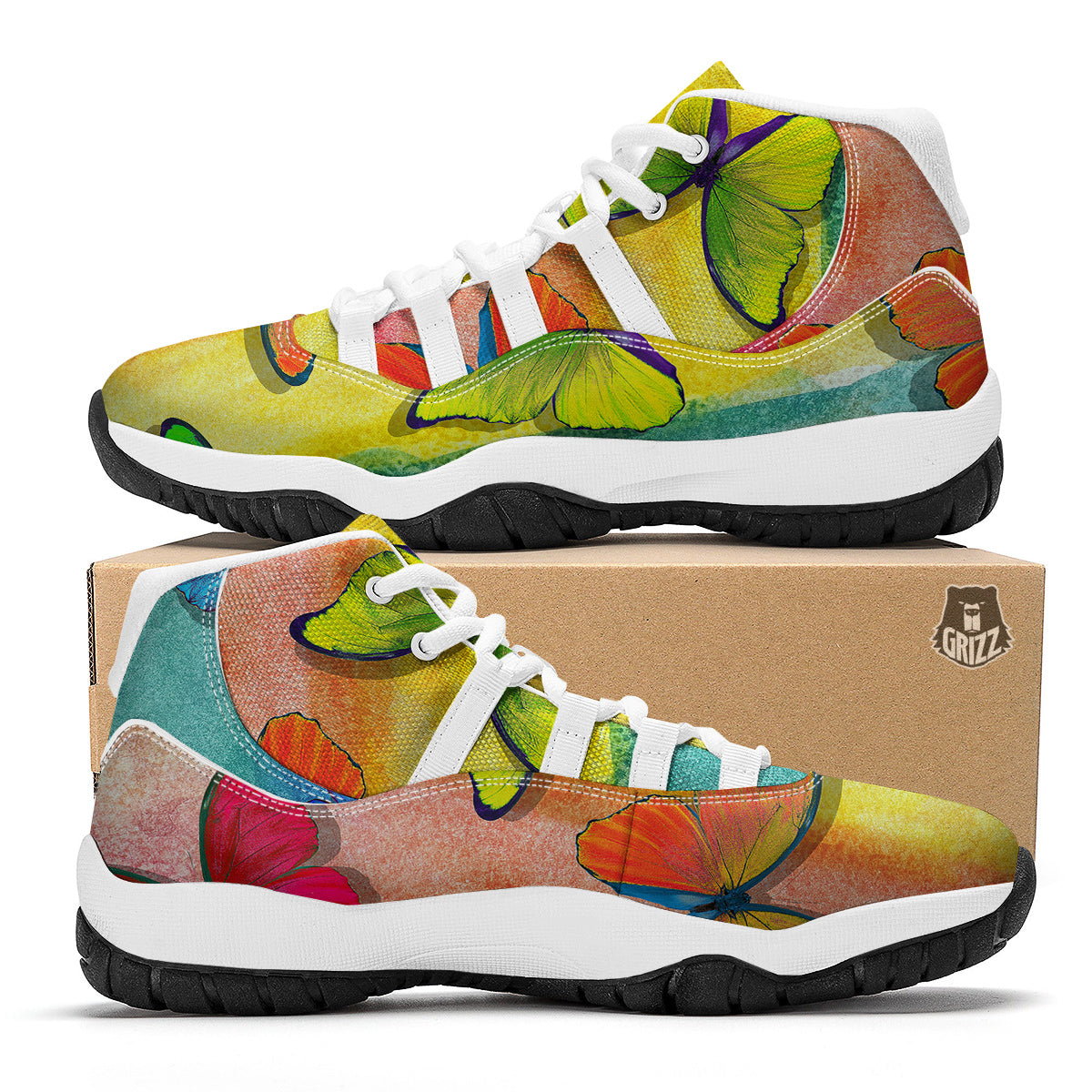 Butterfly Colorful Watercolor Print White Bball Shoes-grizzshop