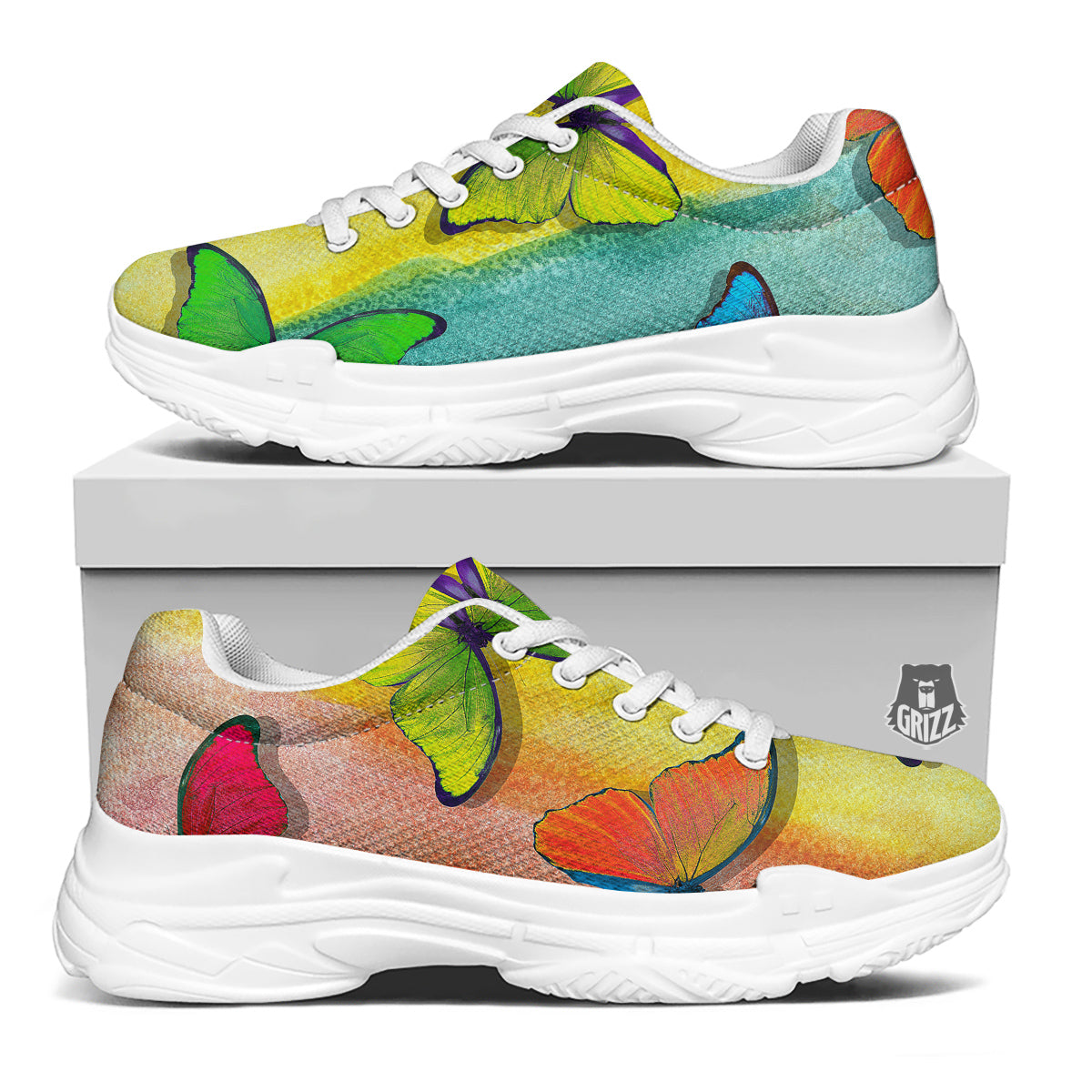 Butterfly Colorful Watercolor Print White Chunky Shoes-grizzshop