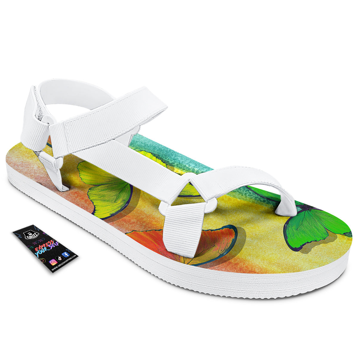 Butterfly Colorful Watercolor Print White Open Toe Sandals-grizzshop