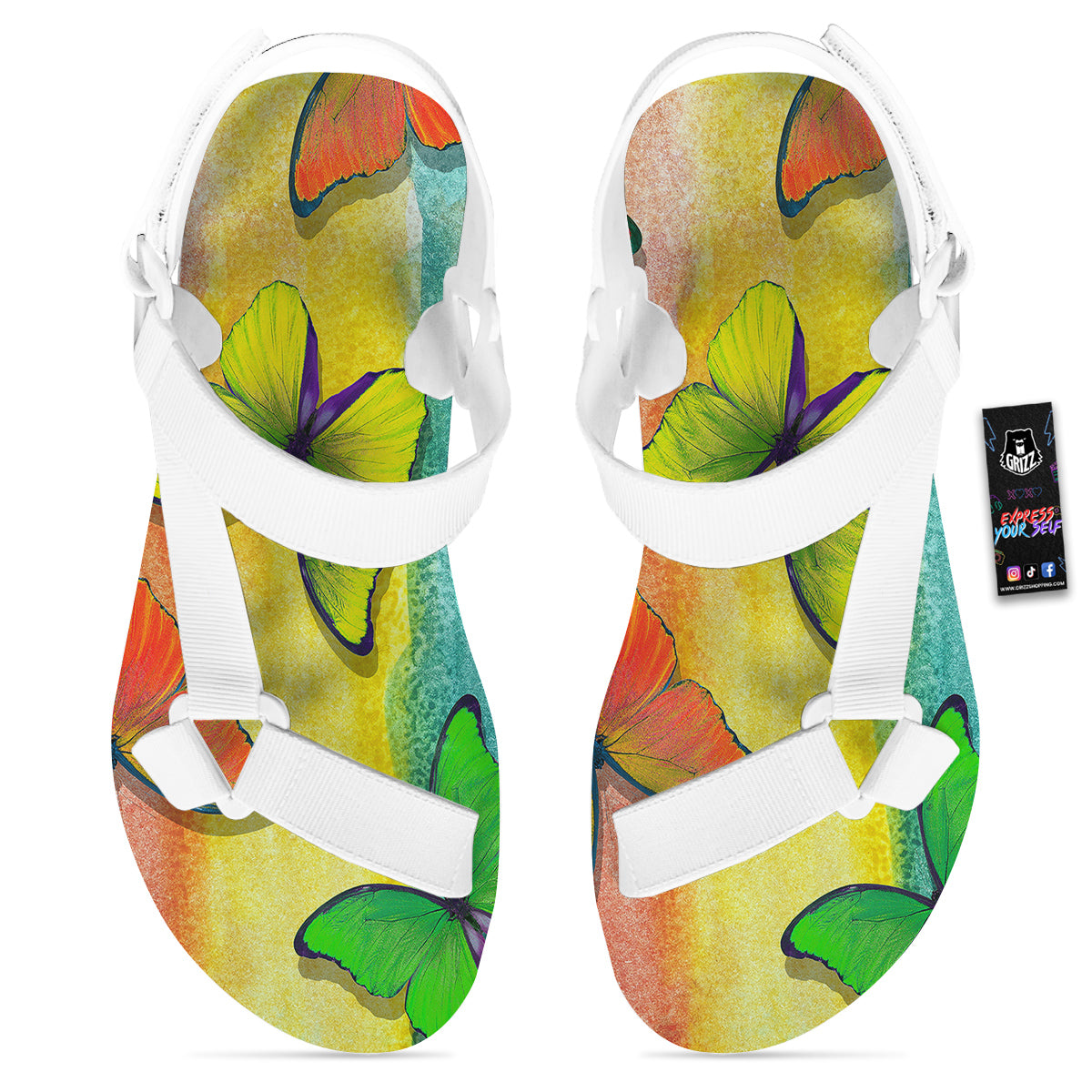 Butterfly Colorful Watercolor Print White Open Toe Sandals-grizzshop