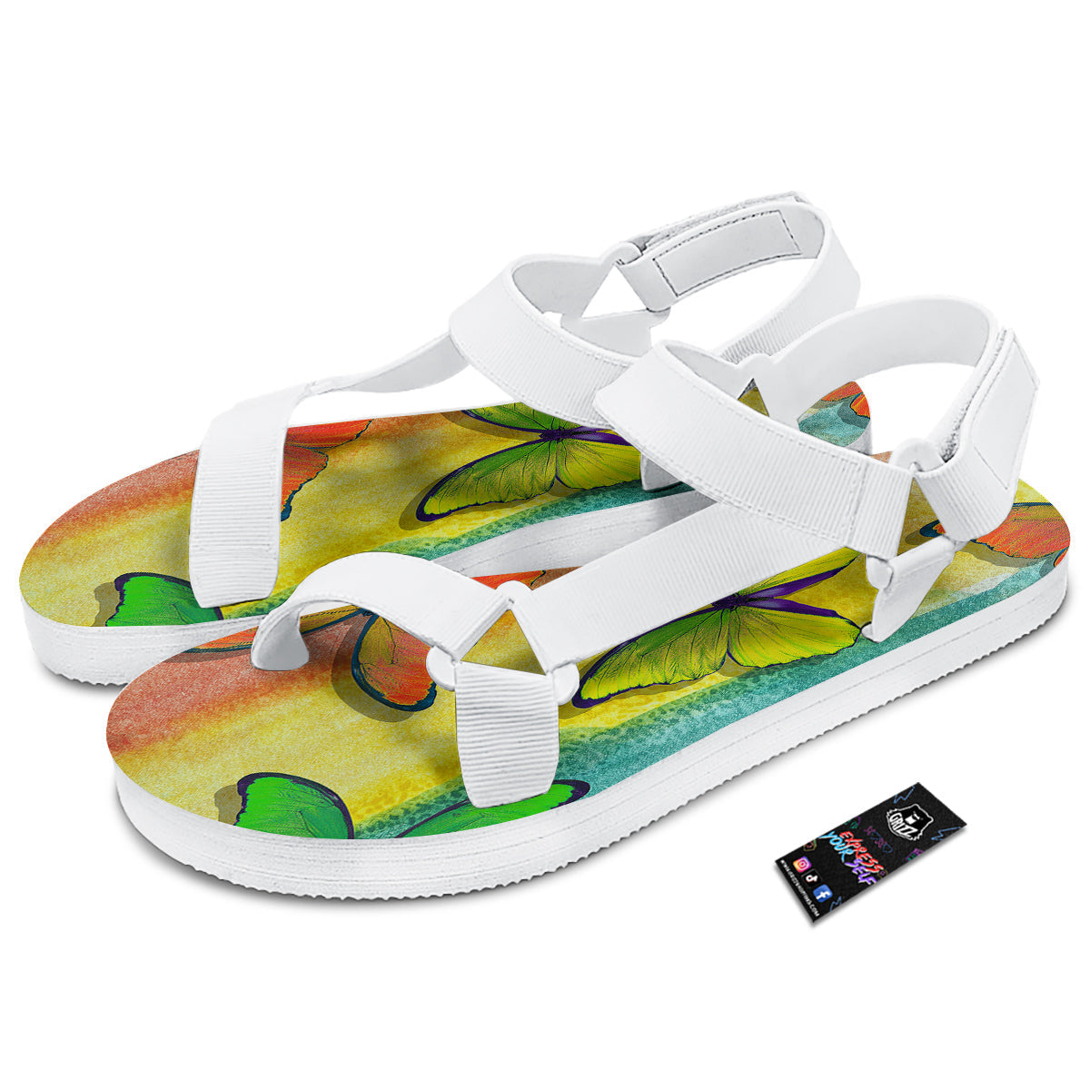 Butterfly Colorful Watercolor Print White Open Toe Sandals-grizzshop