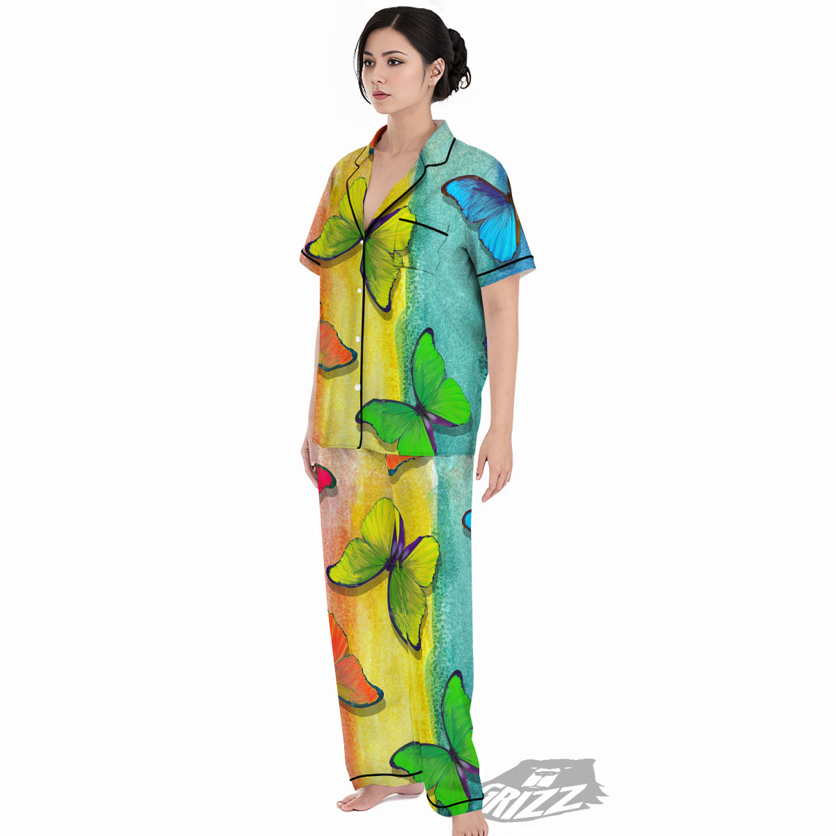 Butterfly Colorful Watercolor Print Women's Pajamas Set-grizzshop