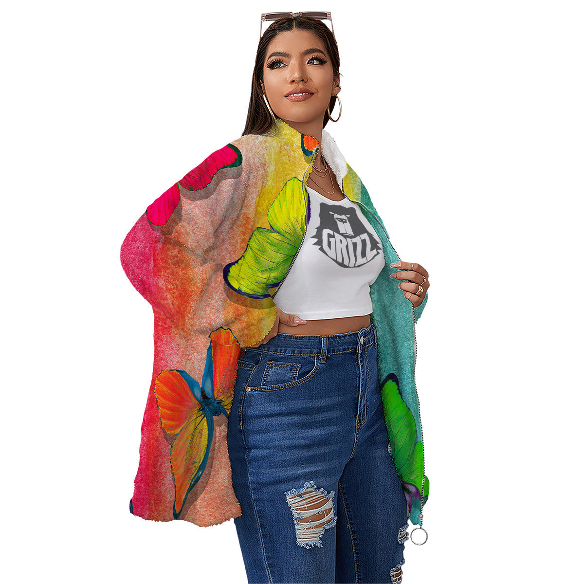 Butterfly Colorful Watercolor Print Women's Sherpa Jacket-grizzshop