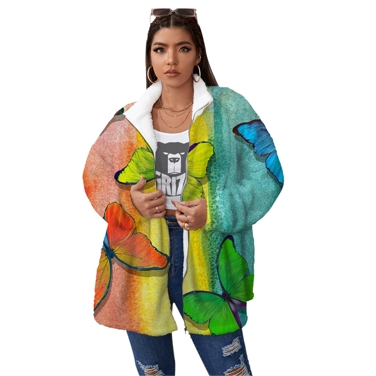 Butterfly Colorful Watercolor Print Women's Sherpa Jacket-grizzshop