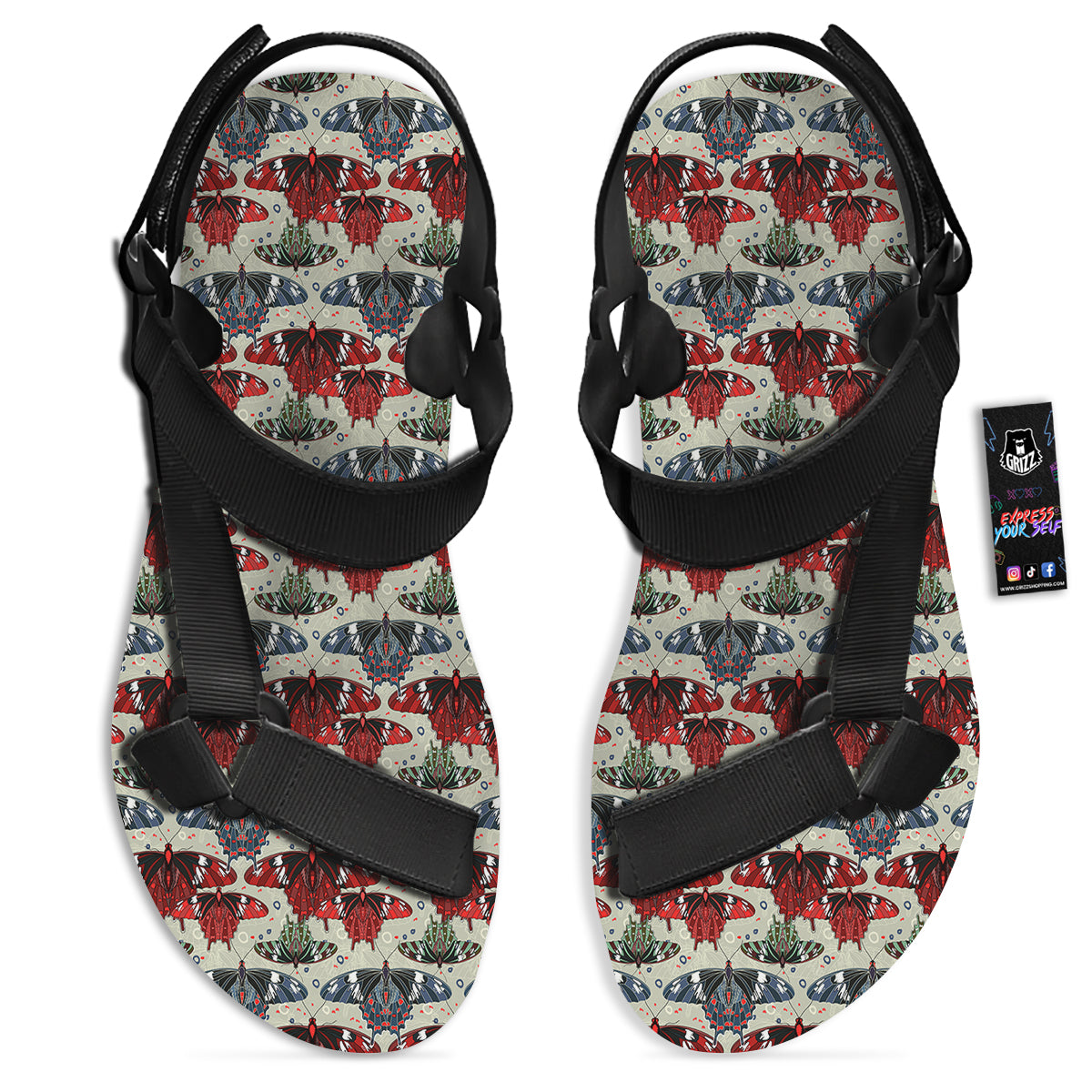 Butterfly Exotic Print Pattern Black Open Toe Sandals-grizzshop