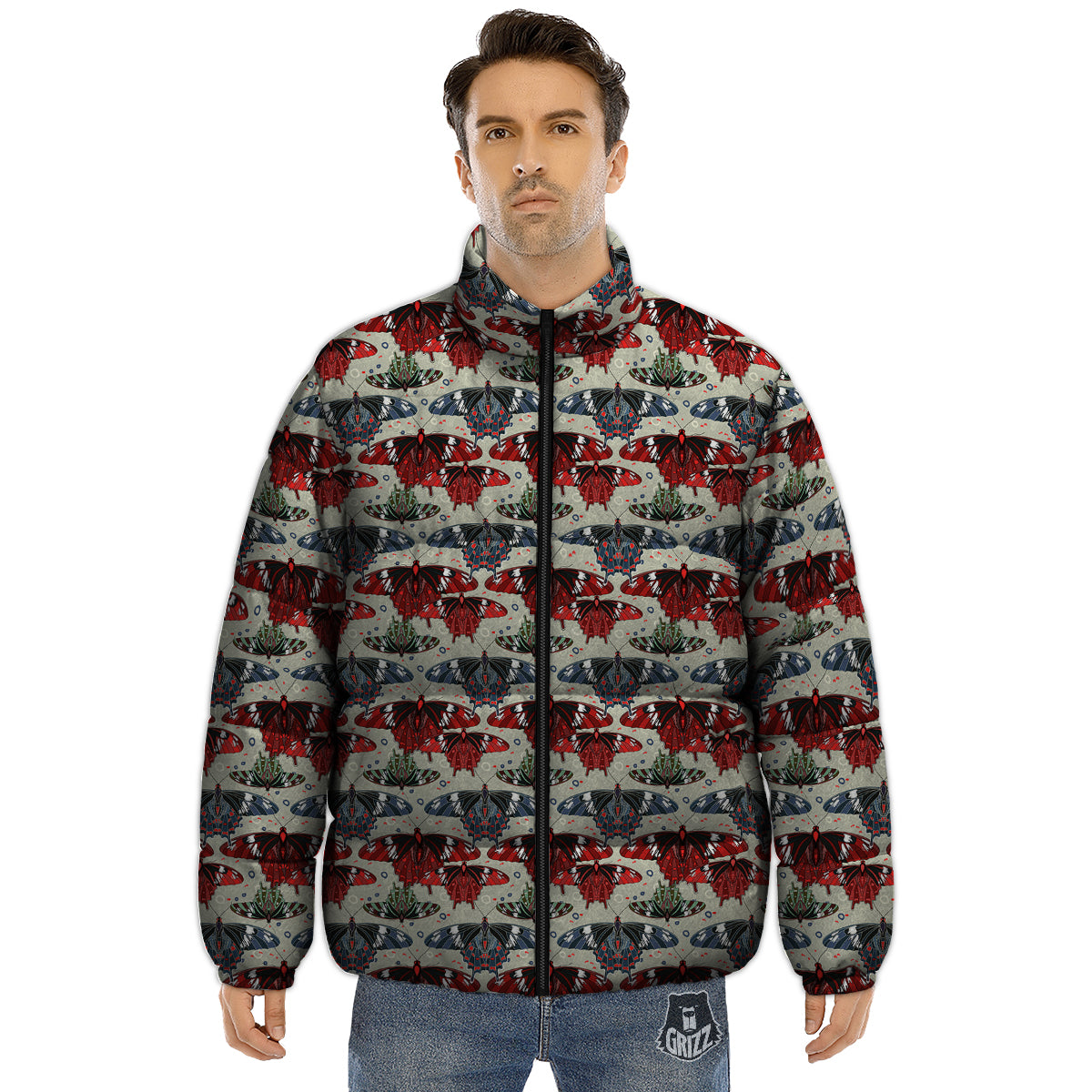 Butterfly Exotic Print Pattern Puffer Jacket-grizzshop
