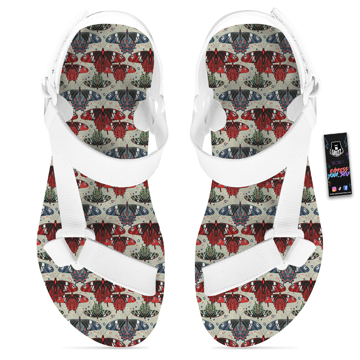 Butterfly Exotic Print Pattern White Open Toe Sandals-grizzshop