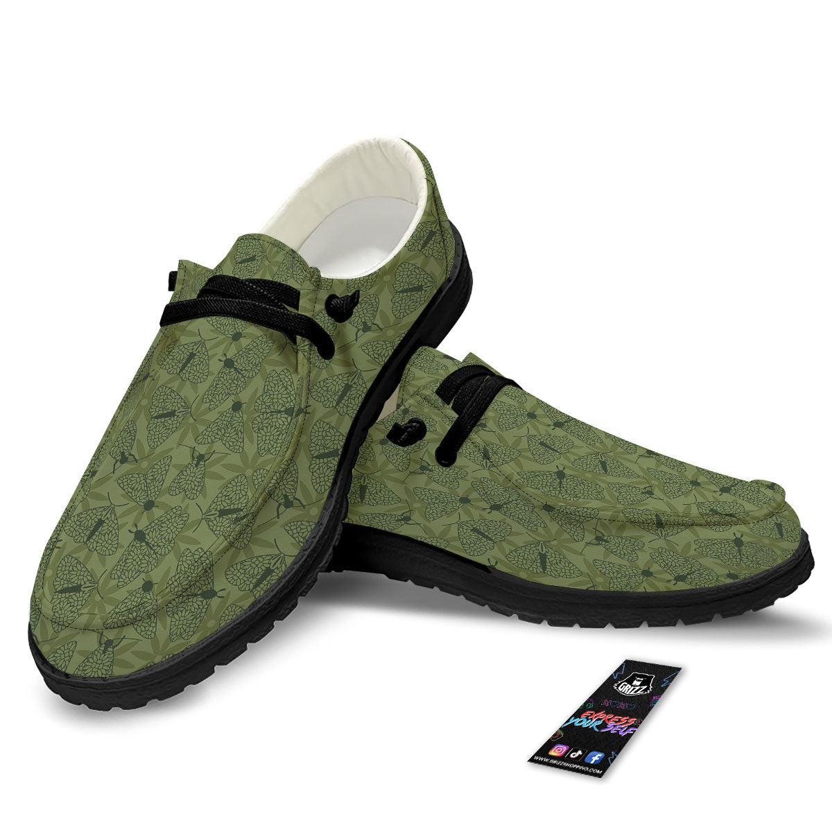 Butterfly Monarch Green Print Pattern Black Loafers-grizzshop