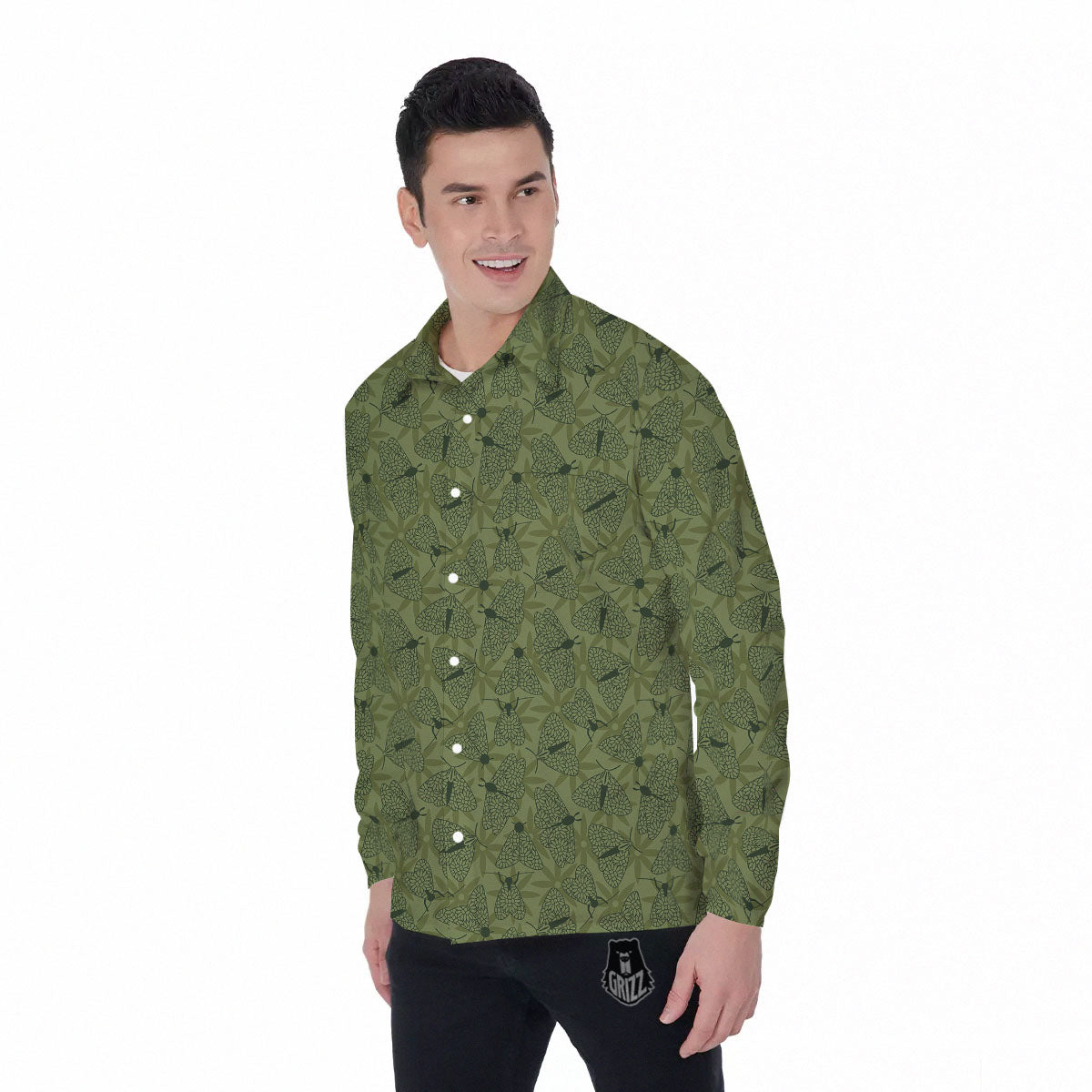 Butterfly Monarch Green Print Pattern Men's Long Sleeve Shirts-grizzshop